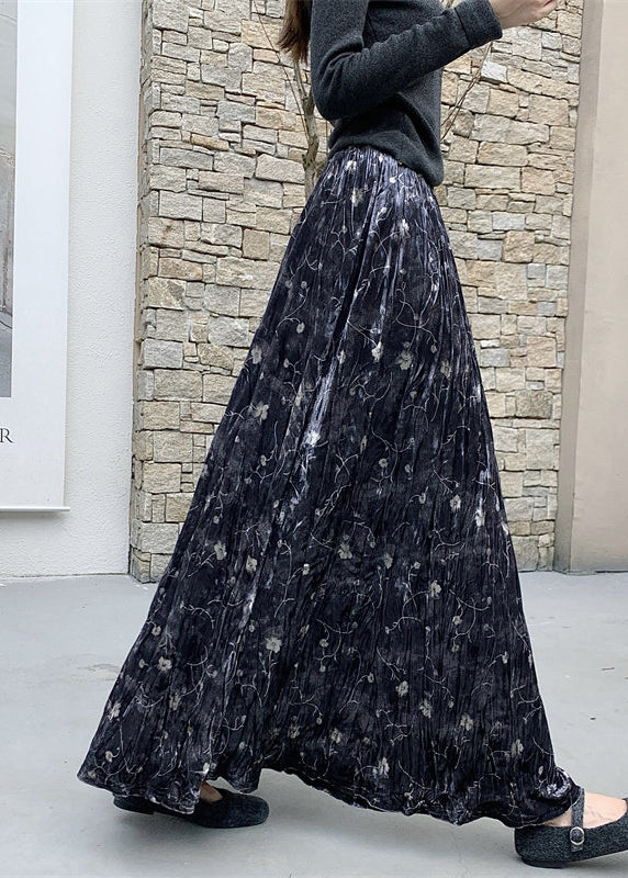 Black Print Silk Velvet Holiday Skirts Exra Large Hem Spring - Omychic