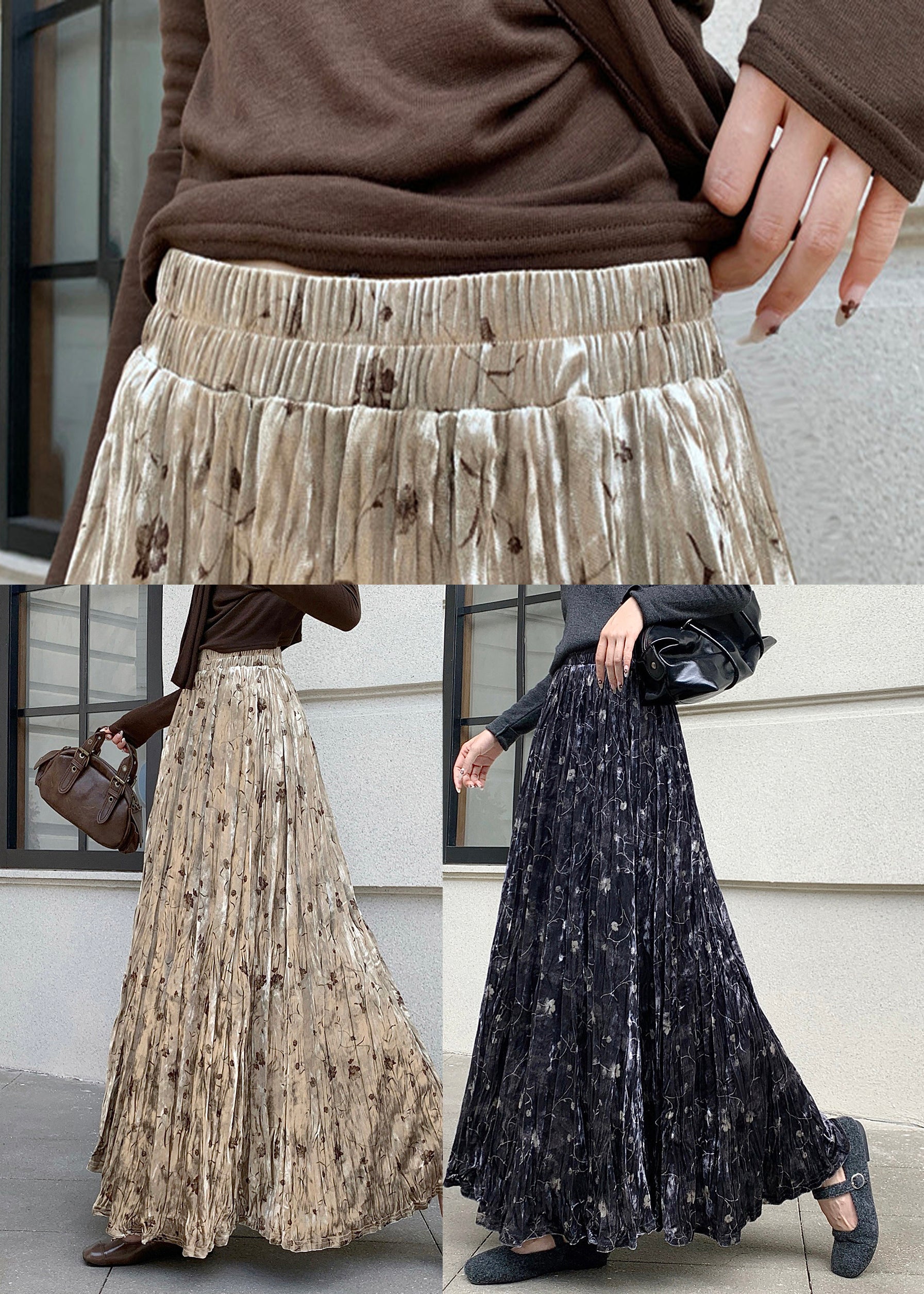 Black Print Silk Velvet Holiday Skirts Exra Large Hem Spring - Omychic