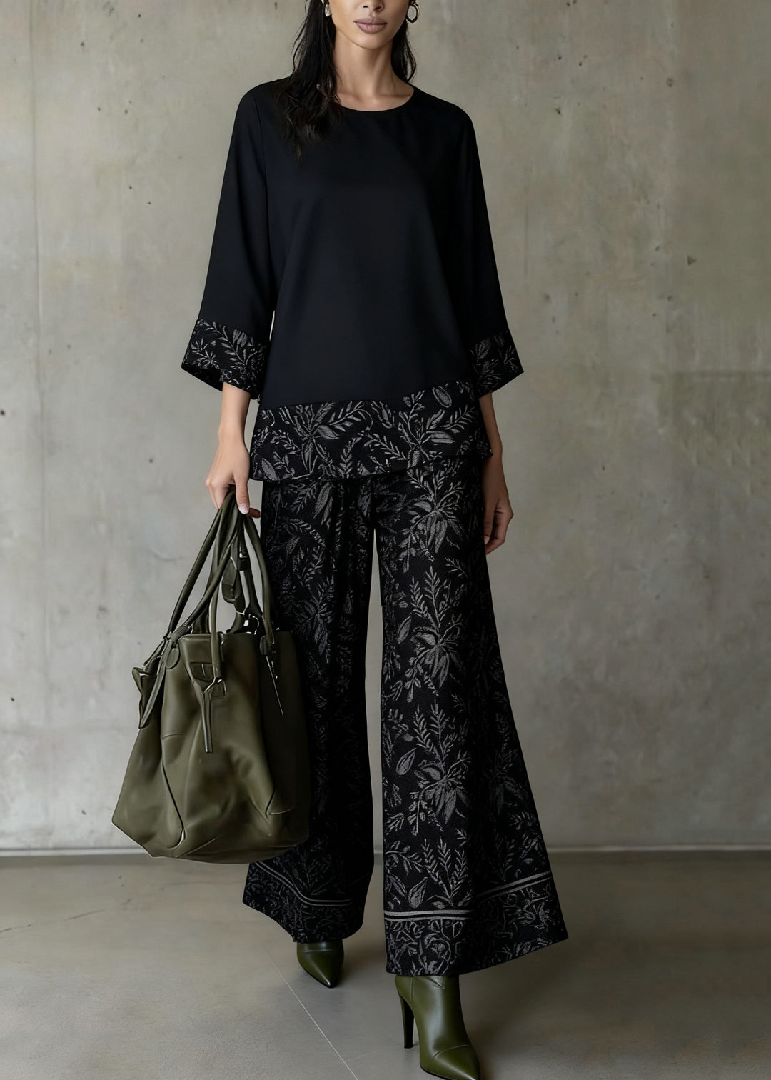 Black Print Tops And Wide Leg Pants Patchwork Silk Two Pieces Set O-Neck Spring
