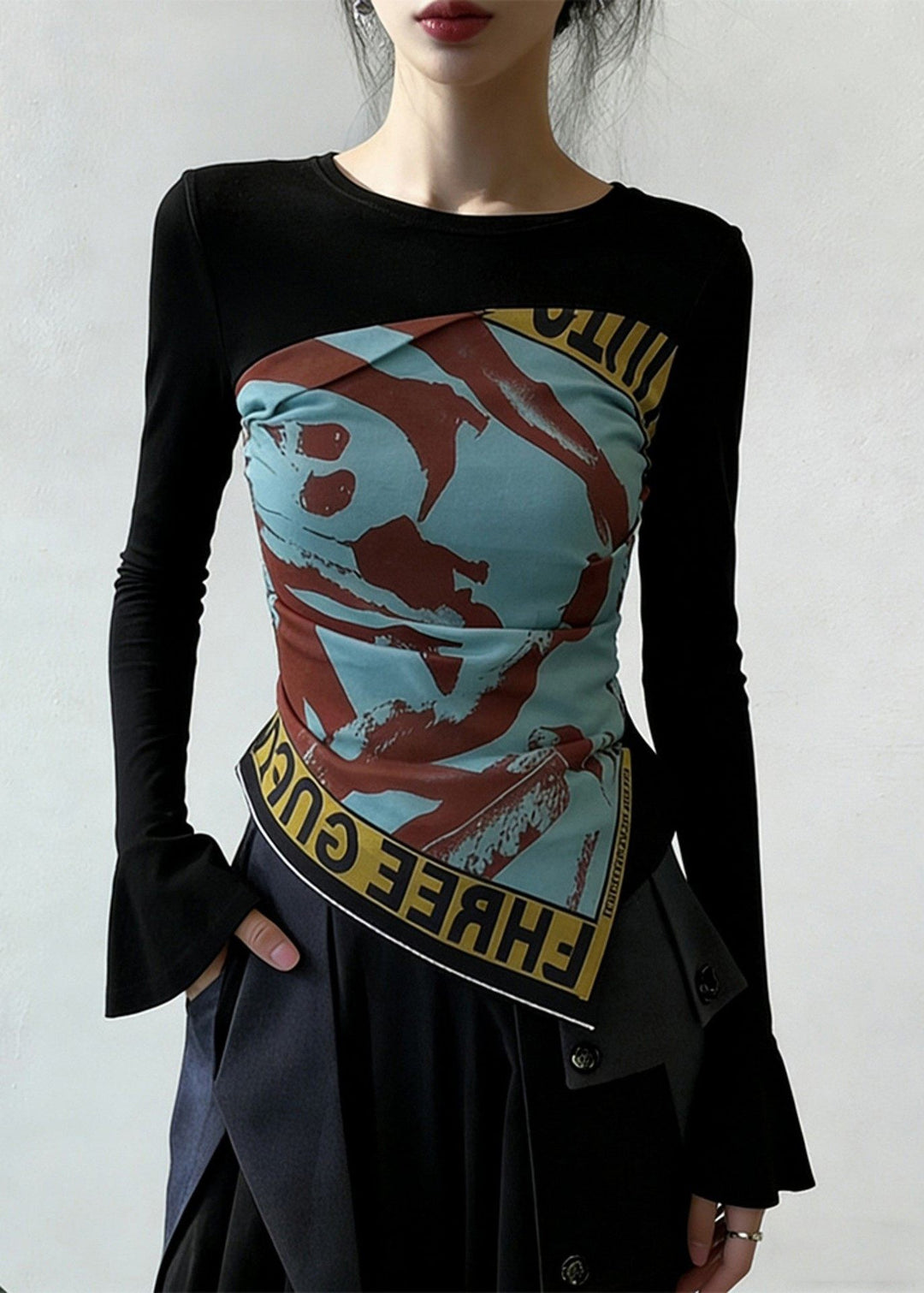 Black Print Wrinkled Patchwork False Two Pieces Cotton T Shirt Flare Sleeve