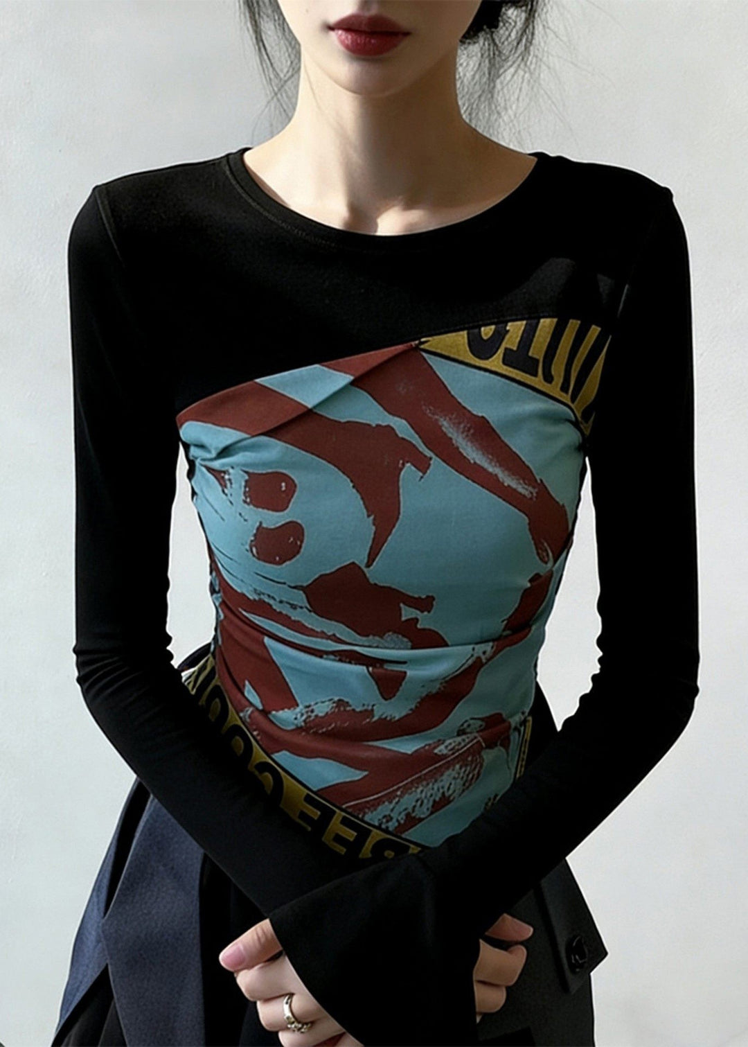 Black Print Wrinkled Patchwork False Two Pieces Cotton T Shirt Flare Sleeve