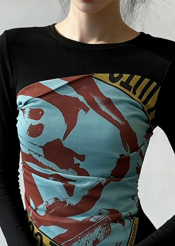 Black Print Wrinkled Patchwork False Two Pieces Cotton T Shirt Flare Sleeve