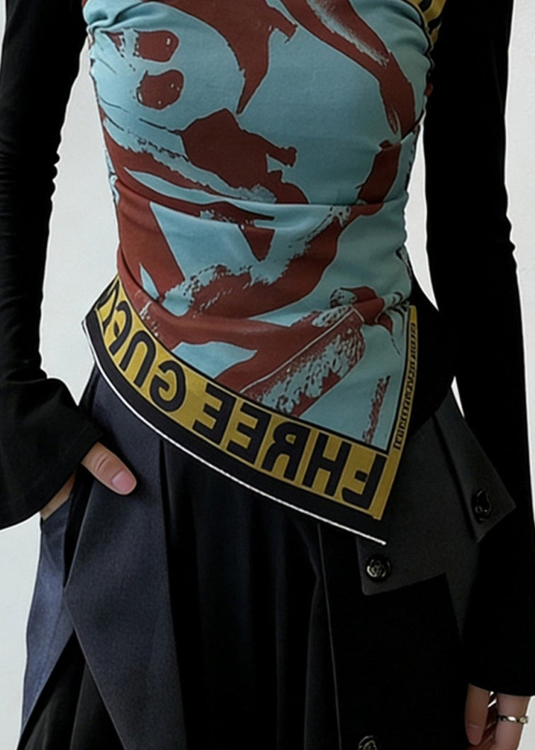 Black Print Wrinkled Patchwork False Two Pieces Cotton T Shirt Flare Sleeve