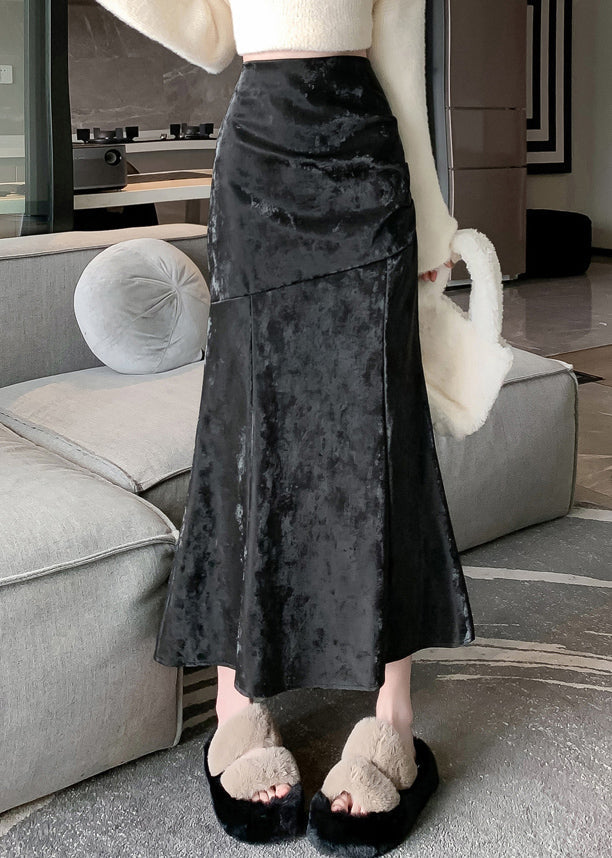 Black Print Wrinkled Silk Velvet Mermaid Skirt Zip Up