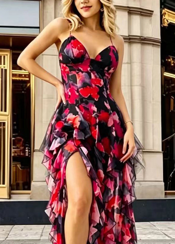 Black Red Print V Neck Ruffled Side Open Print Chiffon  Dress Sleeveless