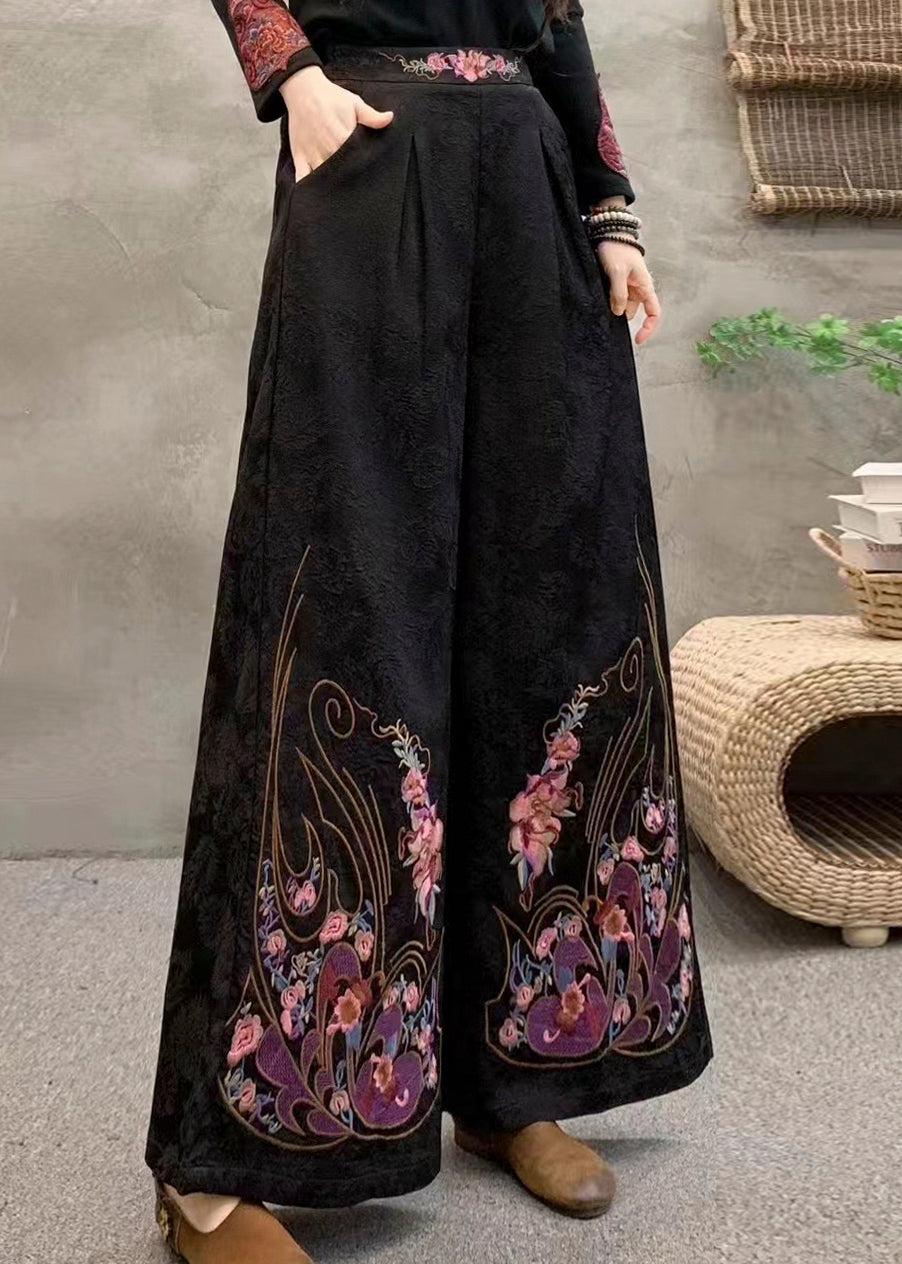 Black Retro Pockets Warm Fleece Pants Embroidered Winter