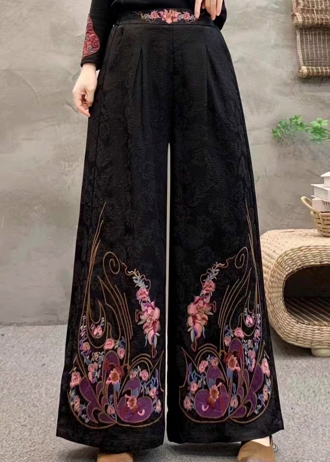 Black Retro Pockets Warm Fleece Pants Embroidered Winter