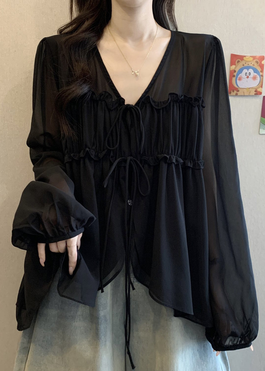Black Ruffled Lace Up Fall Chiffon Blouses V Neck