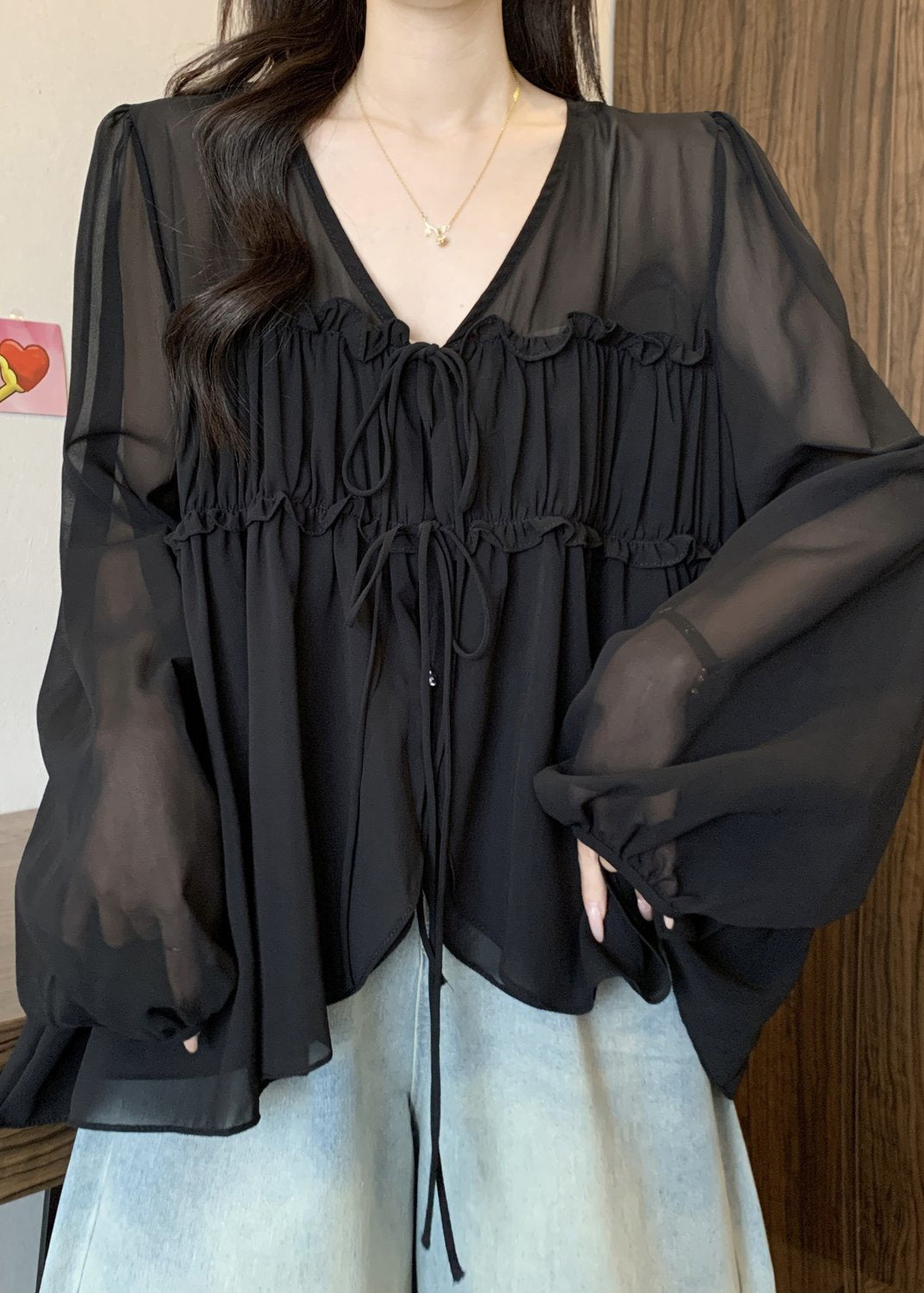 Black Ruffled Lace Up Fall Chiffon Blouses V Neck