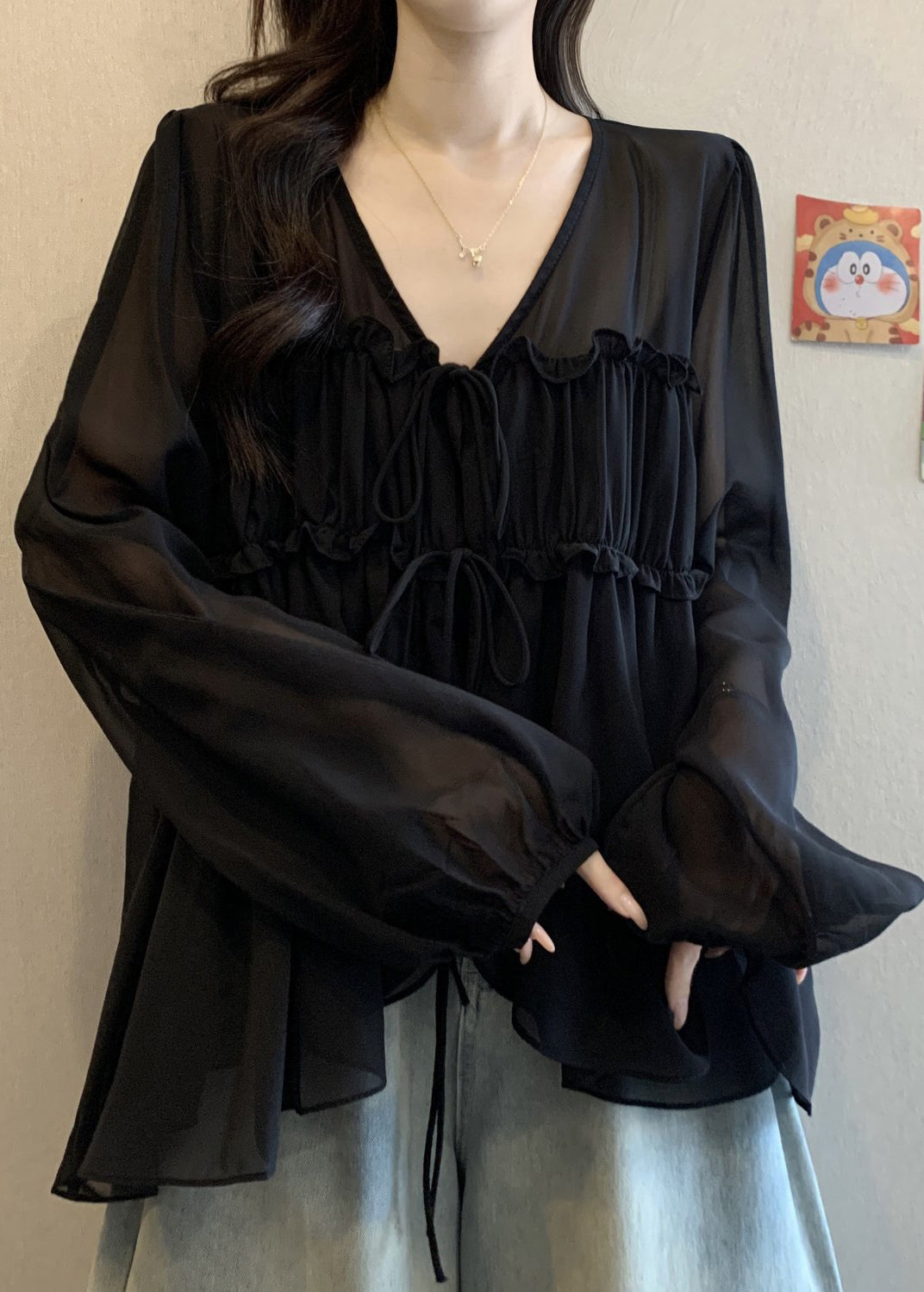 Black Ruffled Lace Up Fall Chiffon Blouses V Neck