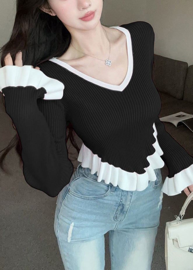 Black Ruffled Patchwork Knit Sweaters V Neck Flare Sleeve