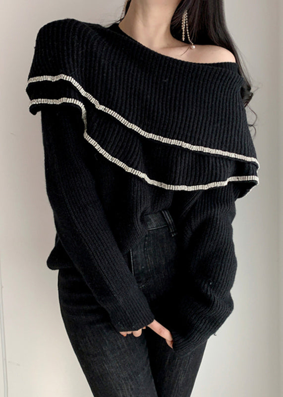 Black Ruffled Patchwork Knit Winter Sweaters O Neck