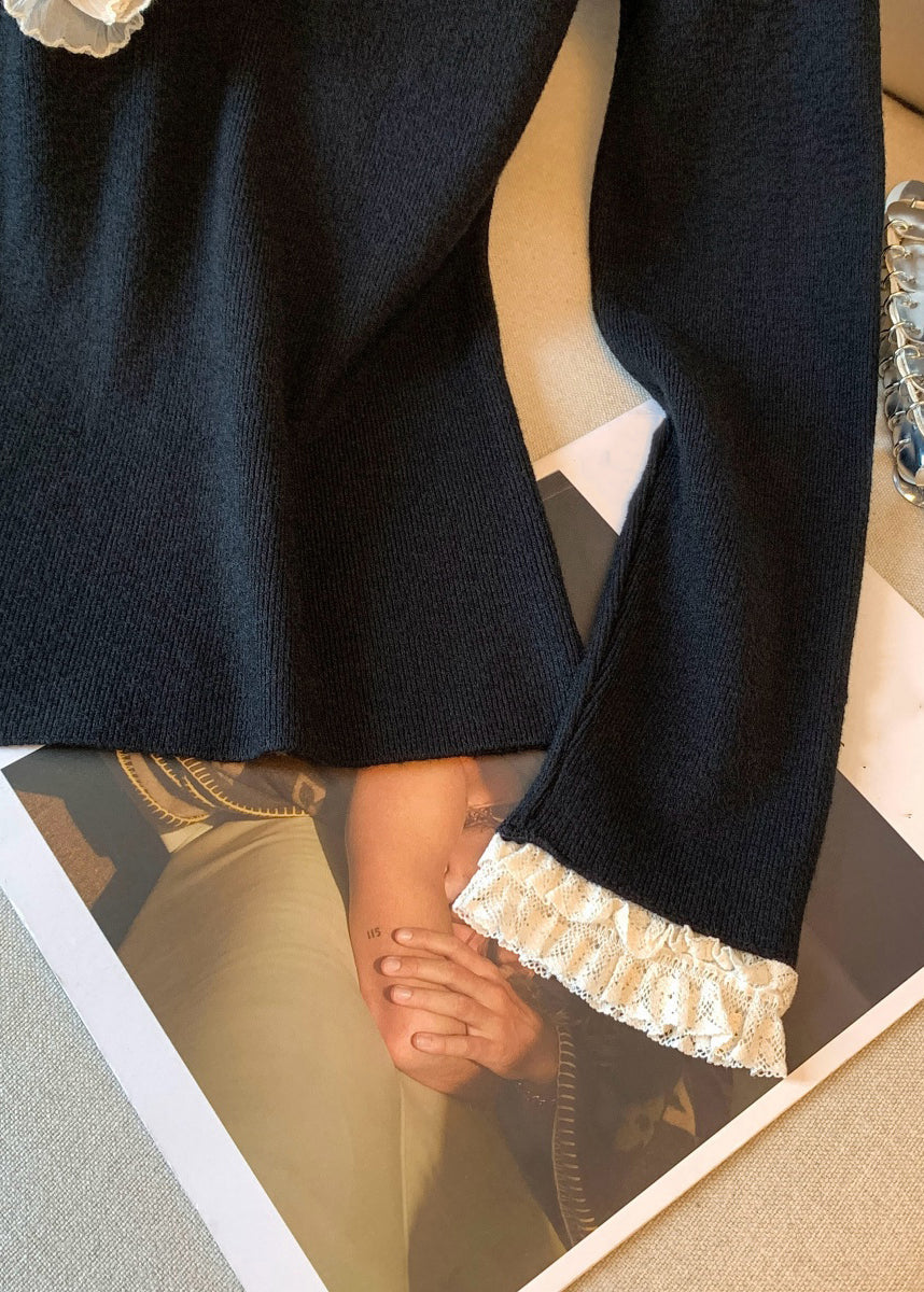 Black Ruffled Patchwork Knitting Cotton Fall T Shirts V Neck