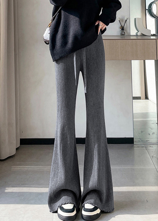 Black Ruffled Striped Knit Flare Bottoms Elastic Waist