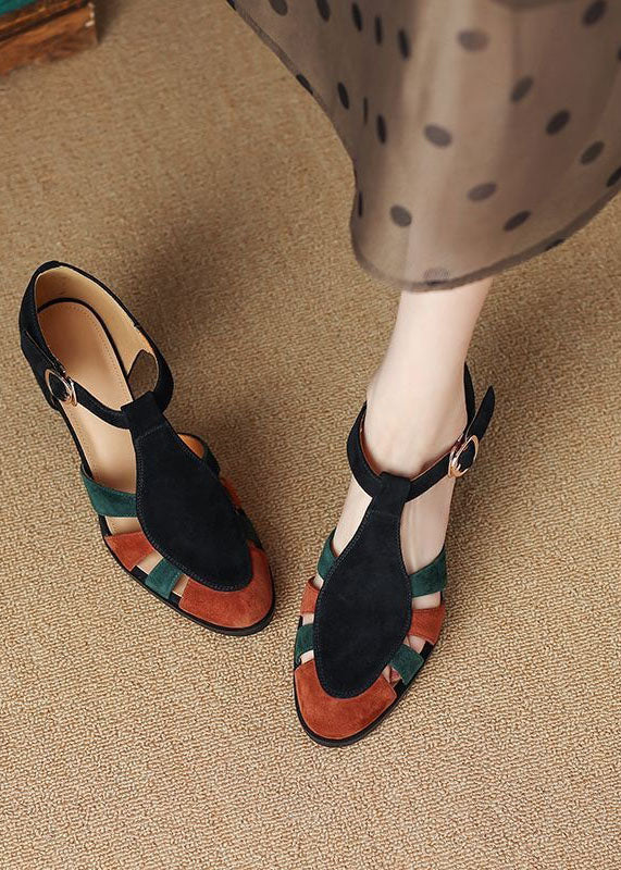 Black Sandals Chunky Heel Suede Elegant Splicing Buckle Strap - Omychic