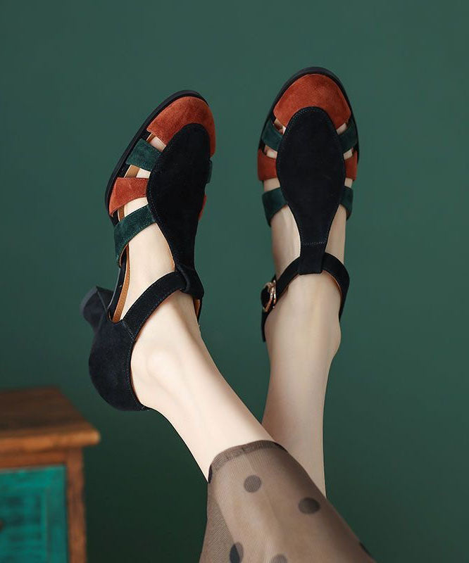 Black Sandals Chunky Heel Suede Elegant Splicing Buckle Strap - Omychic