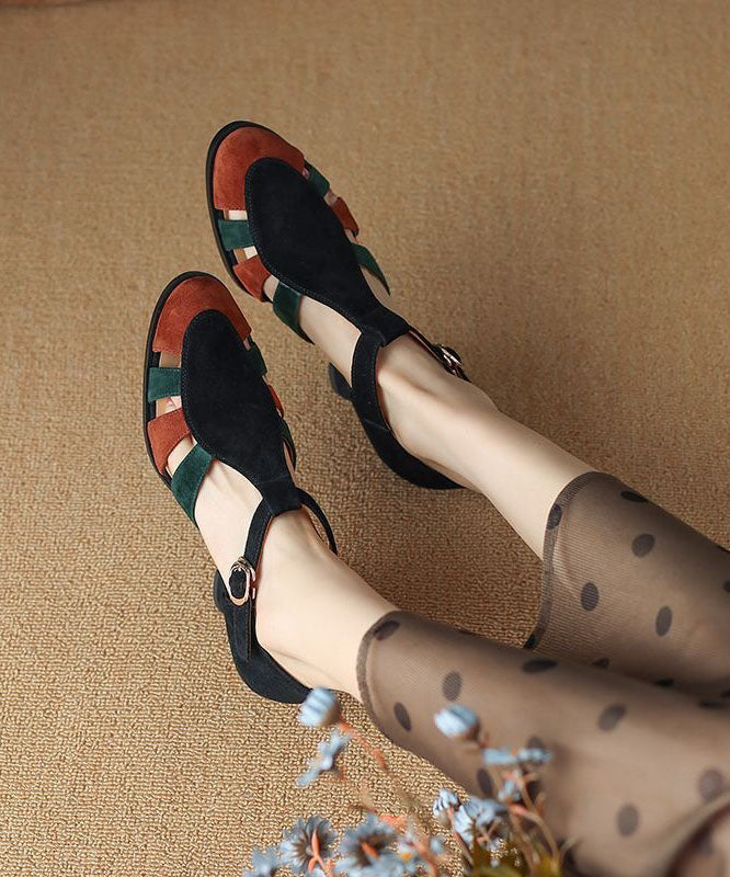 Black Sandals Chunky Heel Suede Elegant Splicing Buckle Strap - Omychic