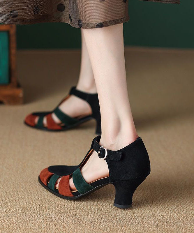Black Sandals Chunky Heel Suede Elegant Splicing Buckle Strap - Omychic