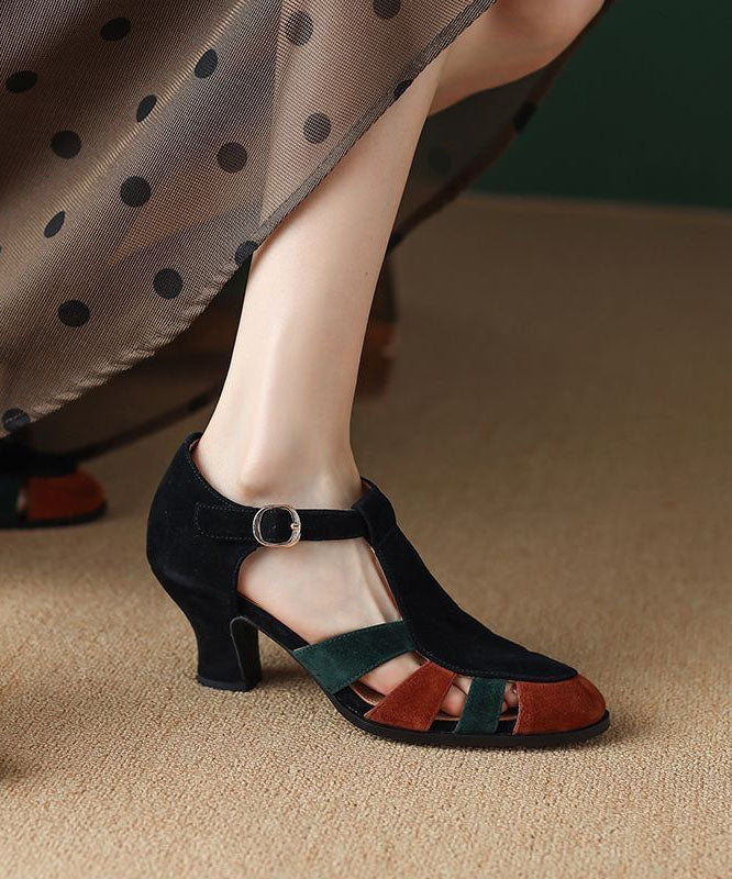 Black Sandals Chunky Heel Suede Elegant Splicing Buckle Strap - Omychic