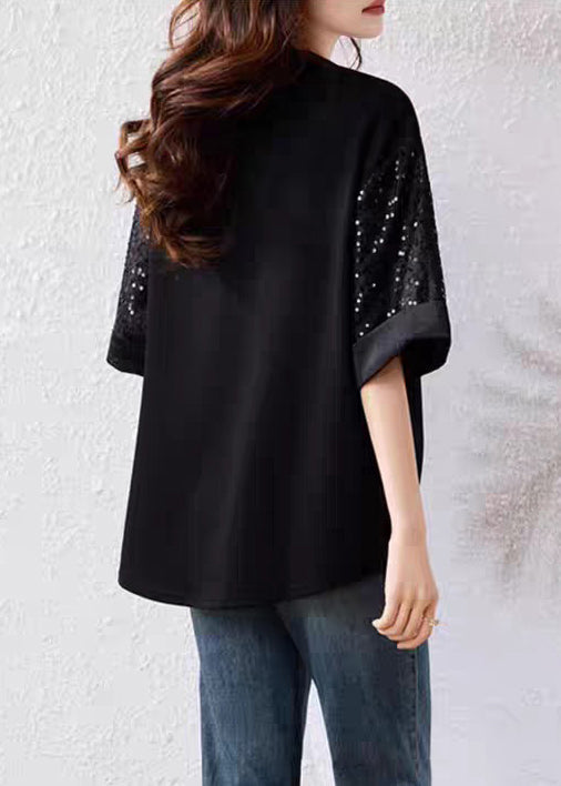 Black Sequins Cotton T Shirt O Neck Half Sleeve