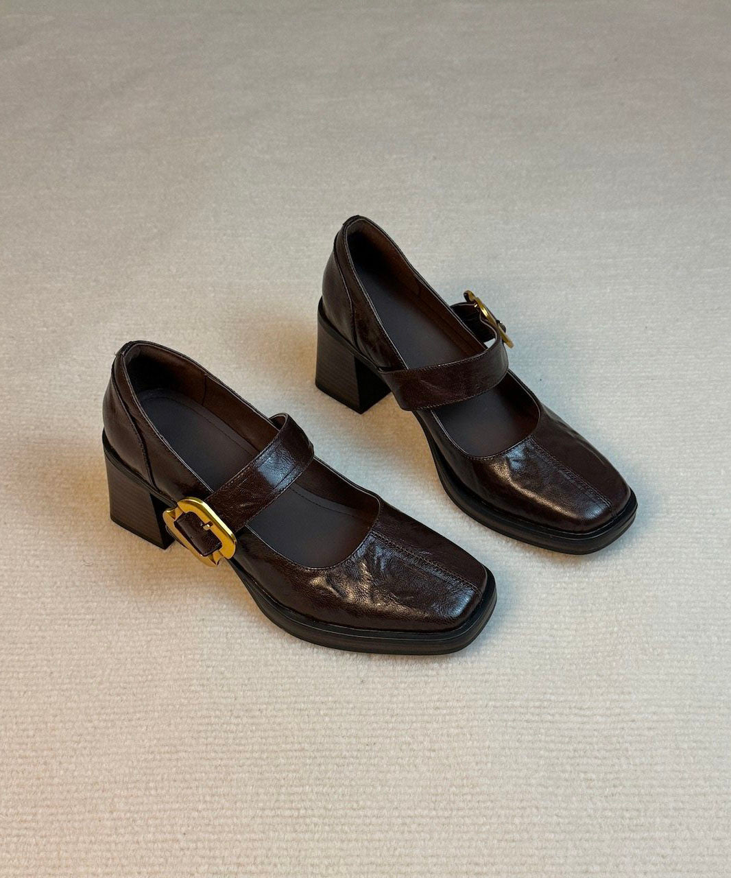 Black Sheepskin Buckle Strap Splicing Elegant Chunky High Heels