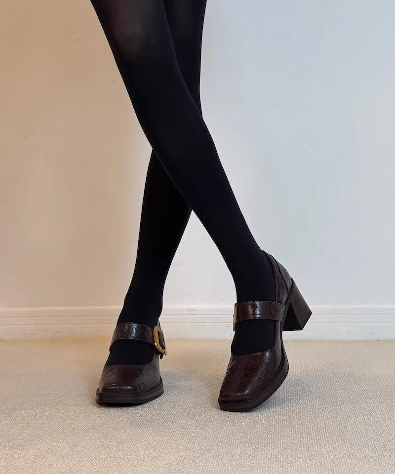 Black Sheepskin Buckle Strap Splicing Elegant Chunky High Heels