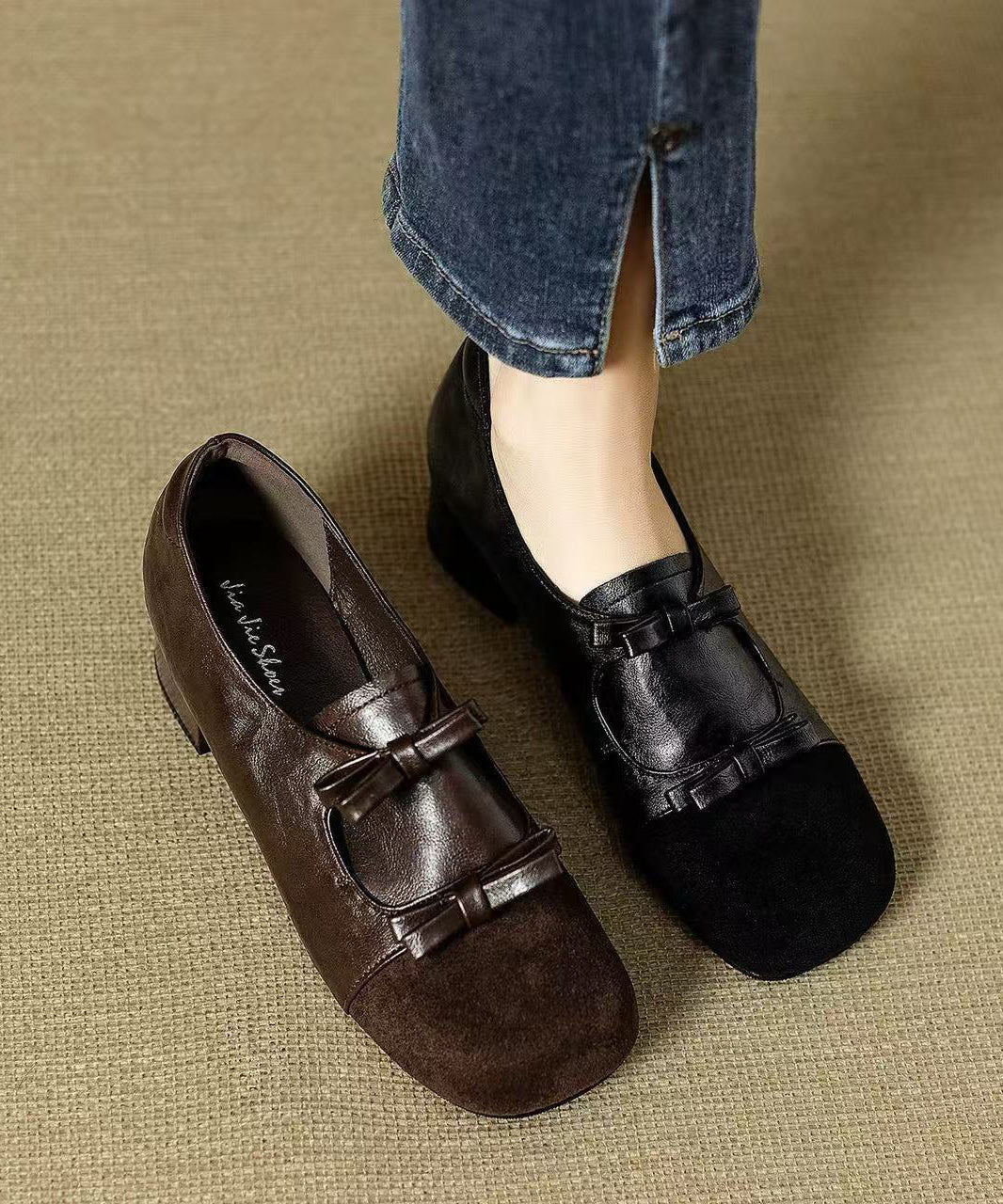 Black Sheepskin Chunky High Heels Splicing Suede Bow