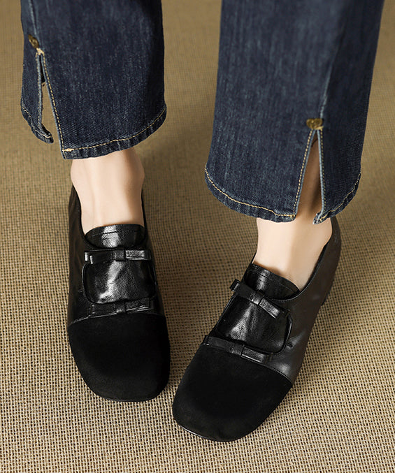 Black Sheepskin Chunky High Heels Splicing Suede Bow