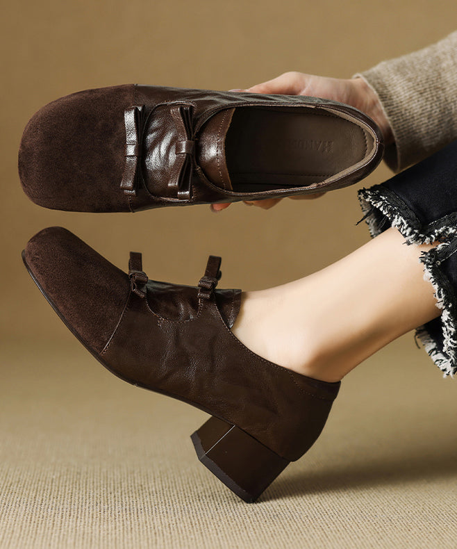 Black Sheepskin Chunky High Heels Splicing Suede Bow