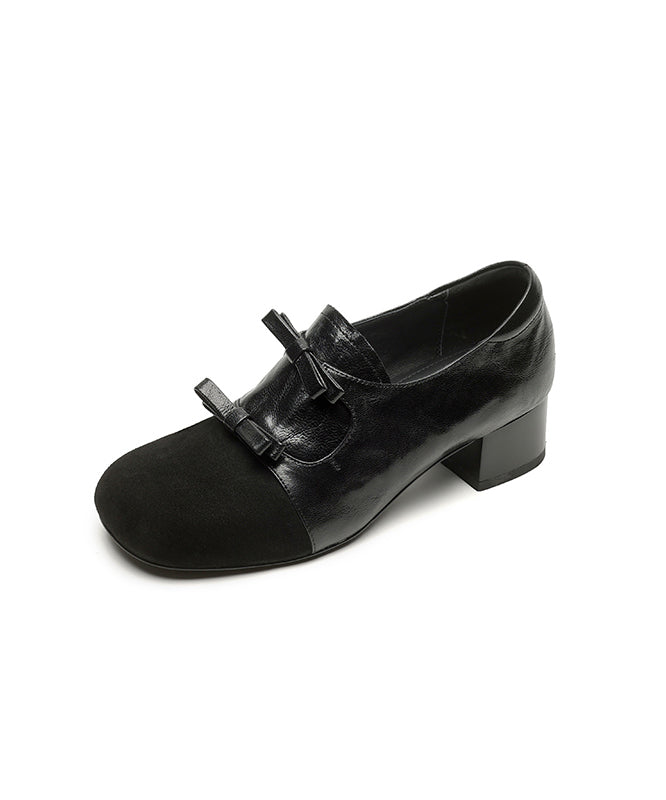 Black Sheepskin Chunky High Heels Splicing Suede Bow