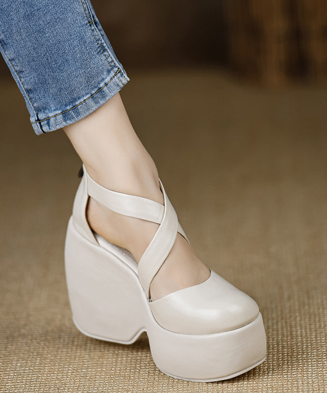 Black Sheepskin Stylish Splicing Cross Strap Wedge High Heels