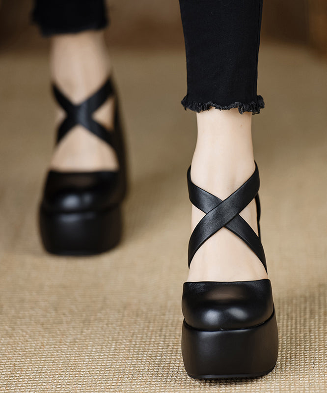 Black Sheepskin Stylish Splicing Cross Strap Wedge High Heels