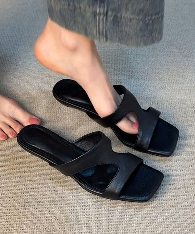 Black Sheepskin Women Splicing Slide Sandals Peep Toe