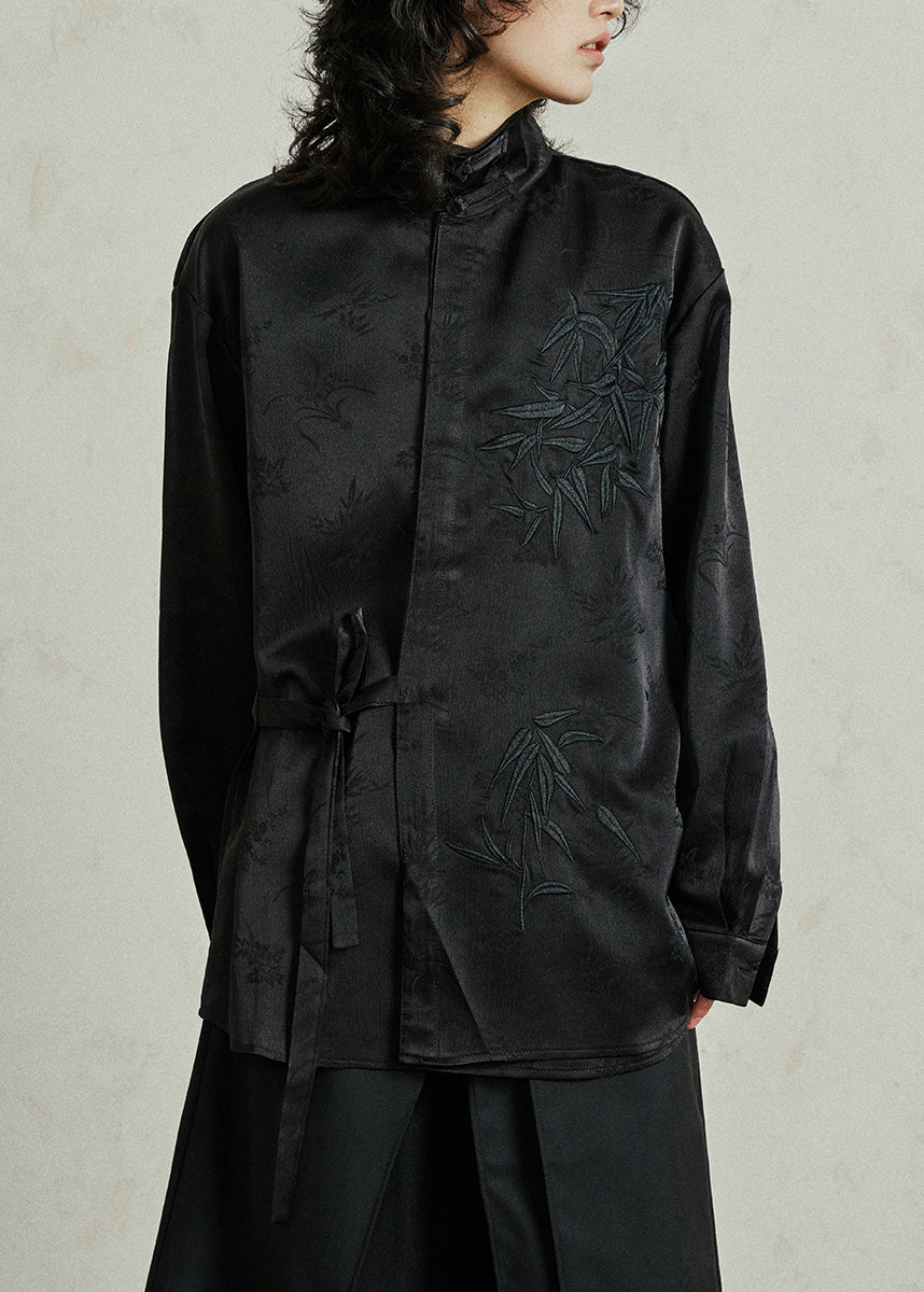 Black Shirt Embroidered Tie Waist Fall