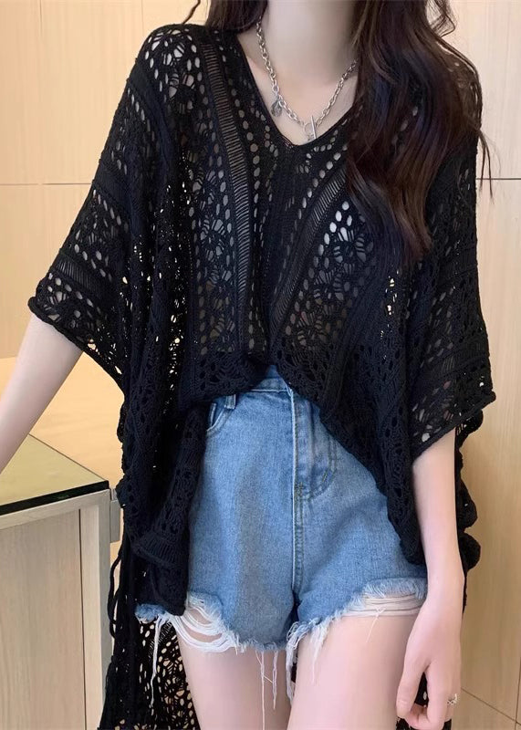 Black Side Open Cinched Knit Top Hollow Out Summer