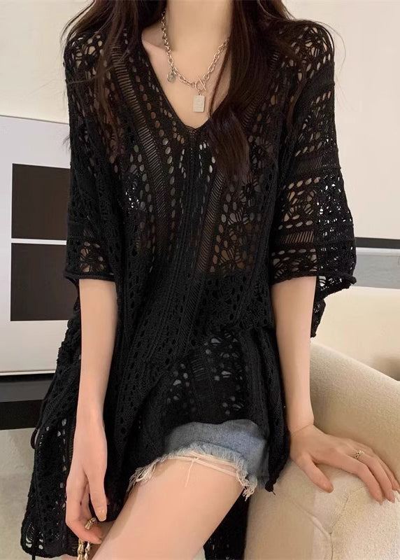 Black Side Open Cinched Knit Top Hollow Out Summer