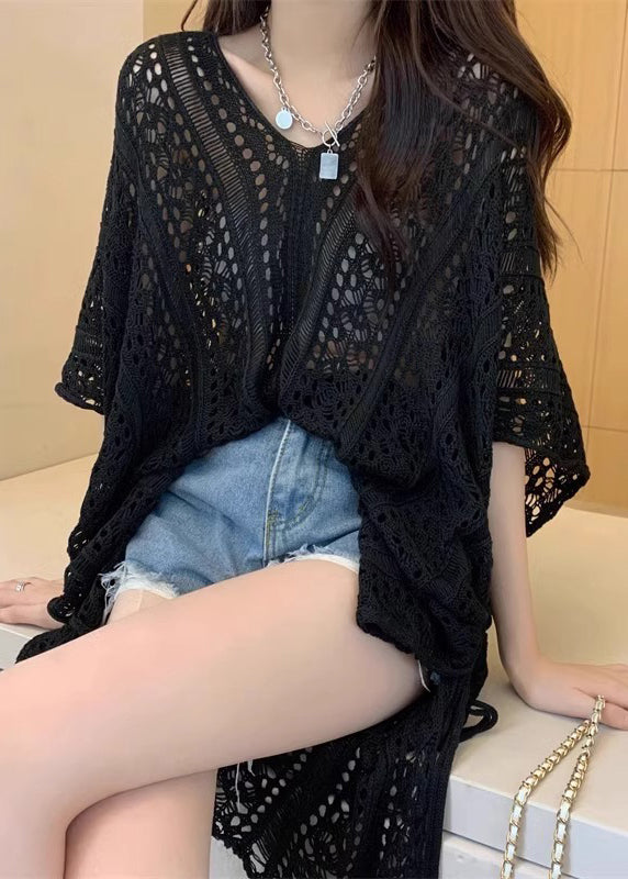 Black Side Open Cinched Knit Top Hollow Out Summer