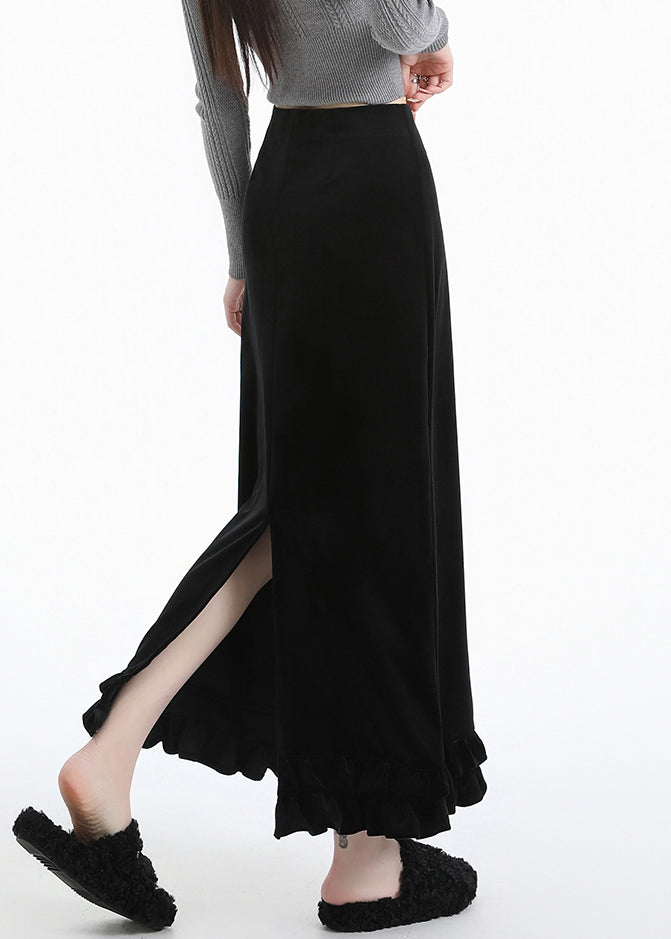 Black Side Open High Waist Warm Fleece Silk Velvet Skirts Ruffled