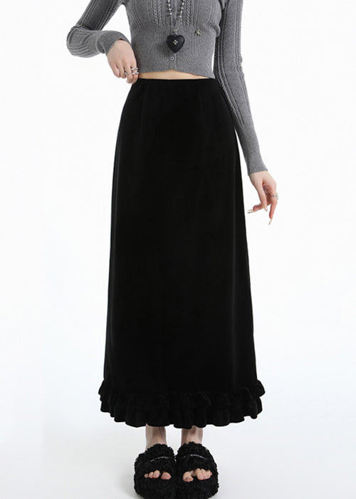 Black Side Open High Waist Warm Fleece Silk Velvet Skirts Ruffled
