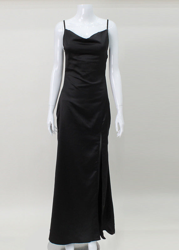 Black Side Open Silk Maxi Spaghetti Strap Dress Summer