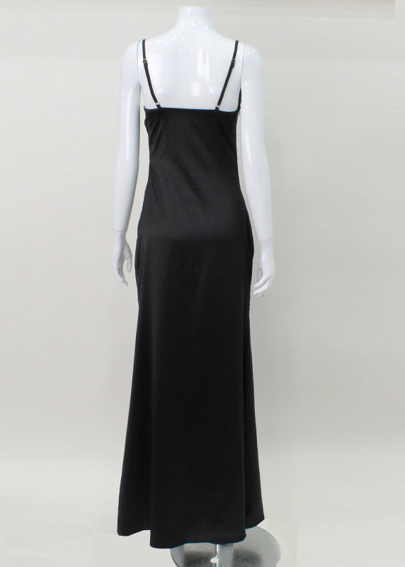 Black Side Open Silk Maxi Spaghetti Strap Dress Summer
