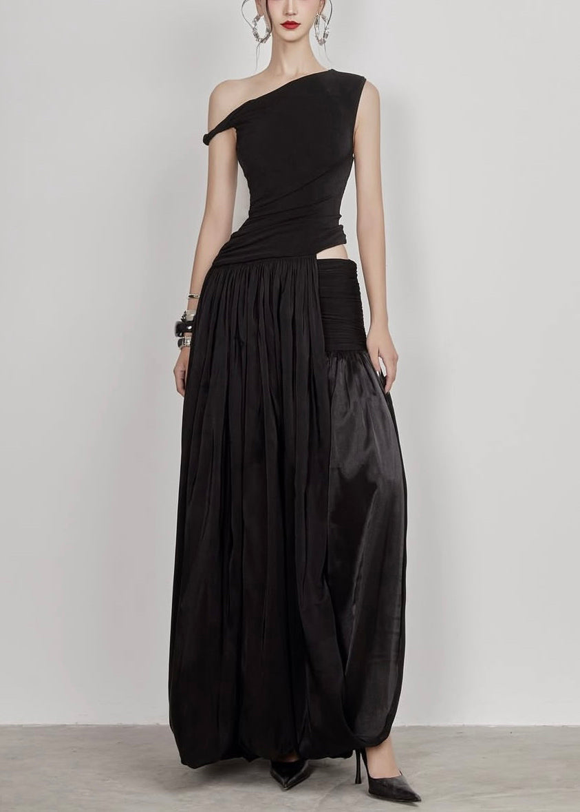 Black Side Open Solid Cotton Long Dress Cold Shoulder Sleeveless