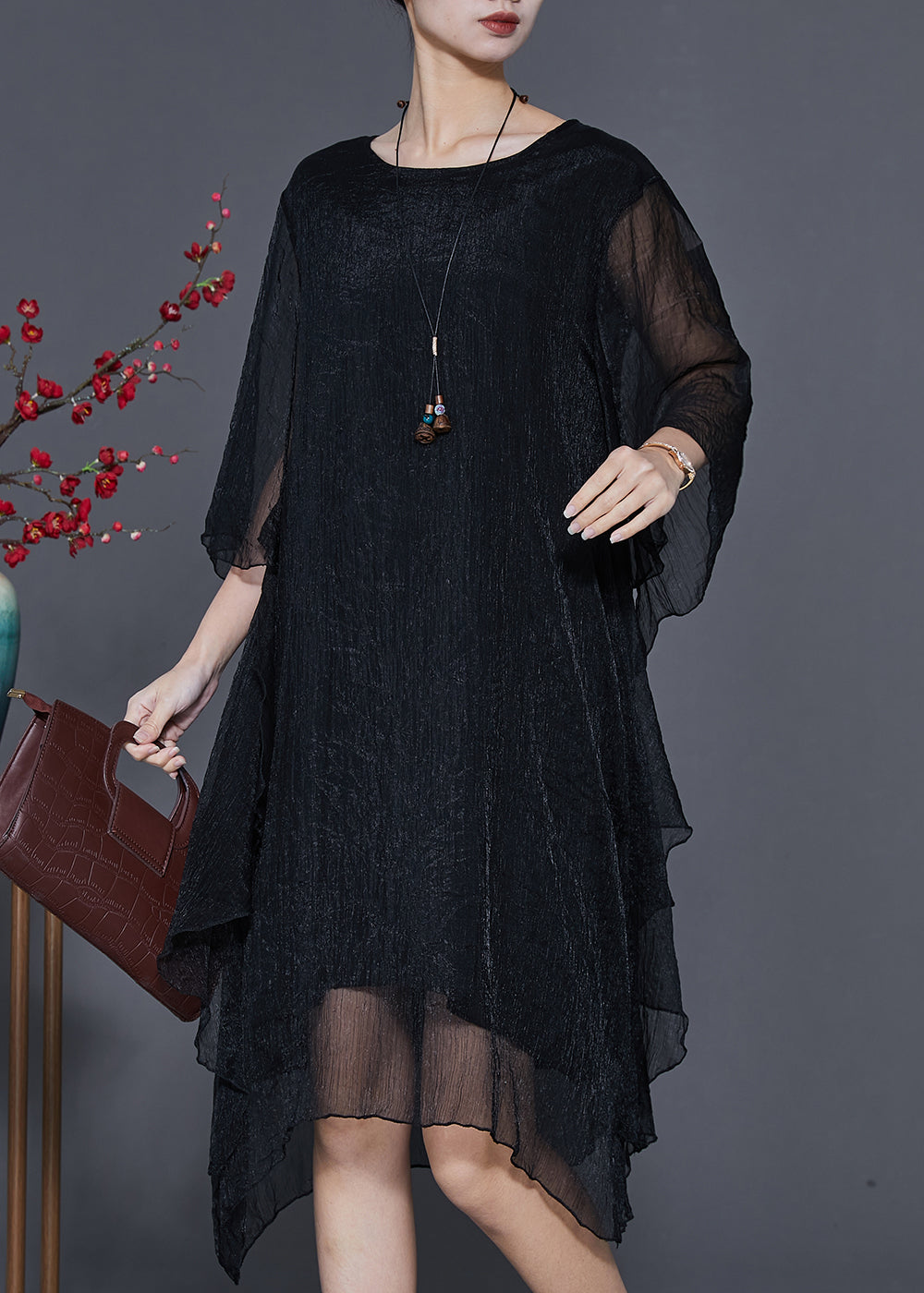 Black Silk Holiday Dresses Asymmetrical Exra Large Hem Summer