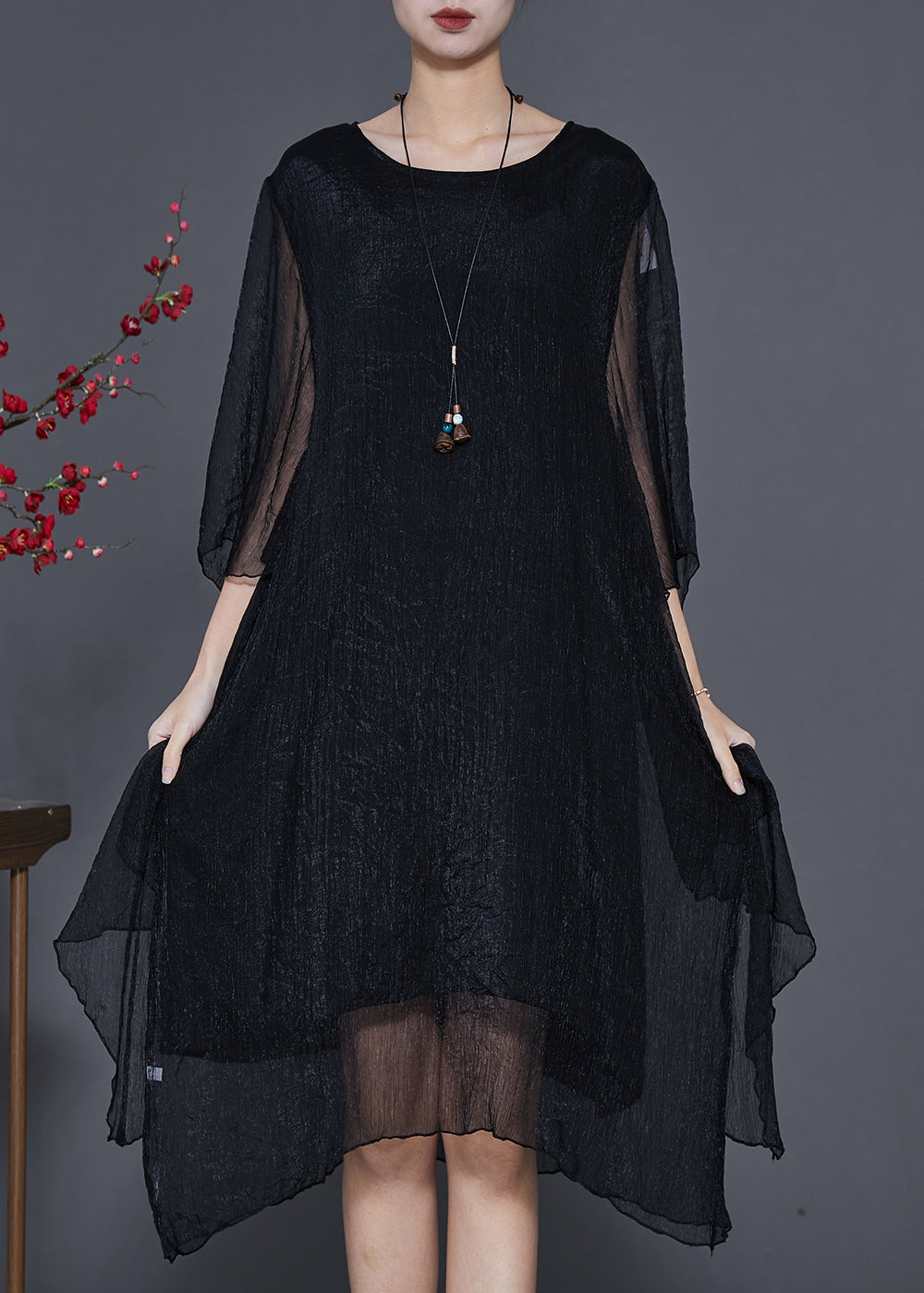 Black Silk Holiday Dresses Asymmetrical Exra Large Hem Summer