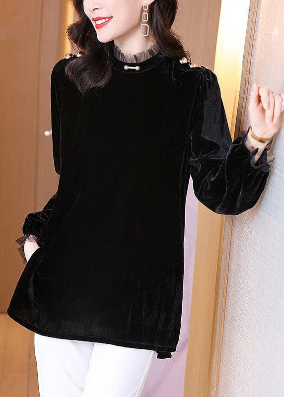 Black Silk Velour Side Open Tops Puff Sleeve