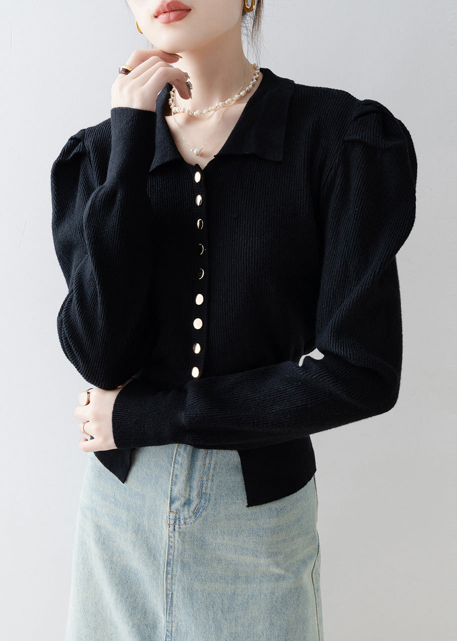 Black Silm Fit Knit Cardigan Side Open Puff Sleeve