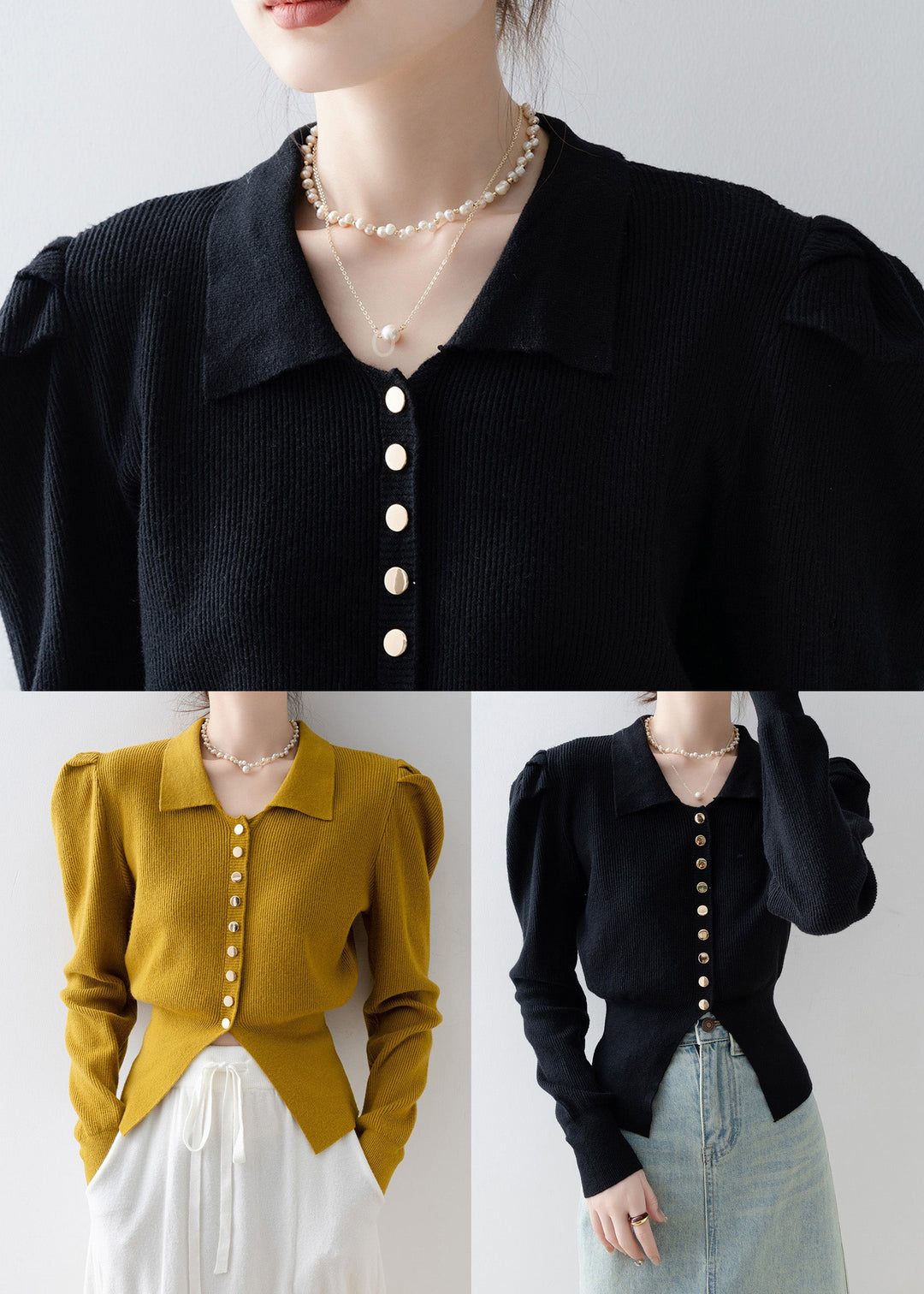 Black Silm Fit Knit Cardigan Side Open Puff Sleeve