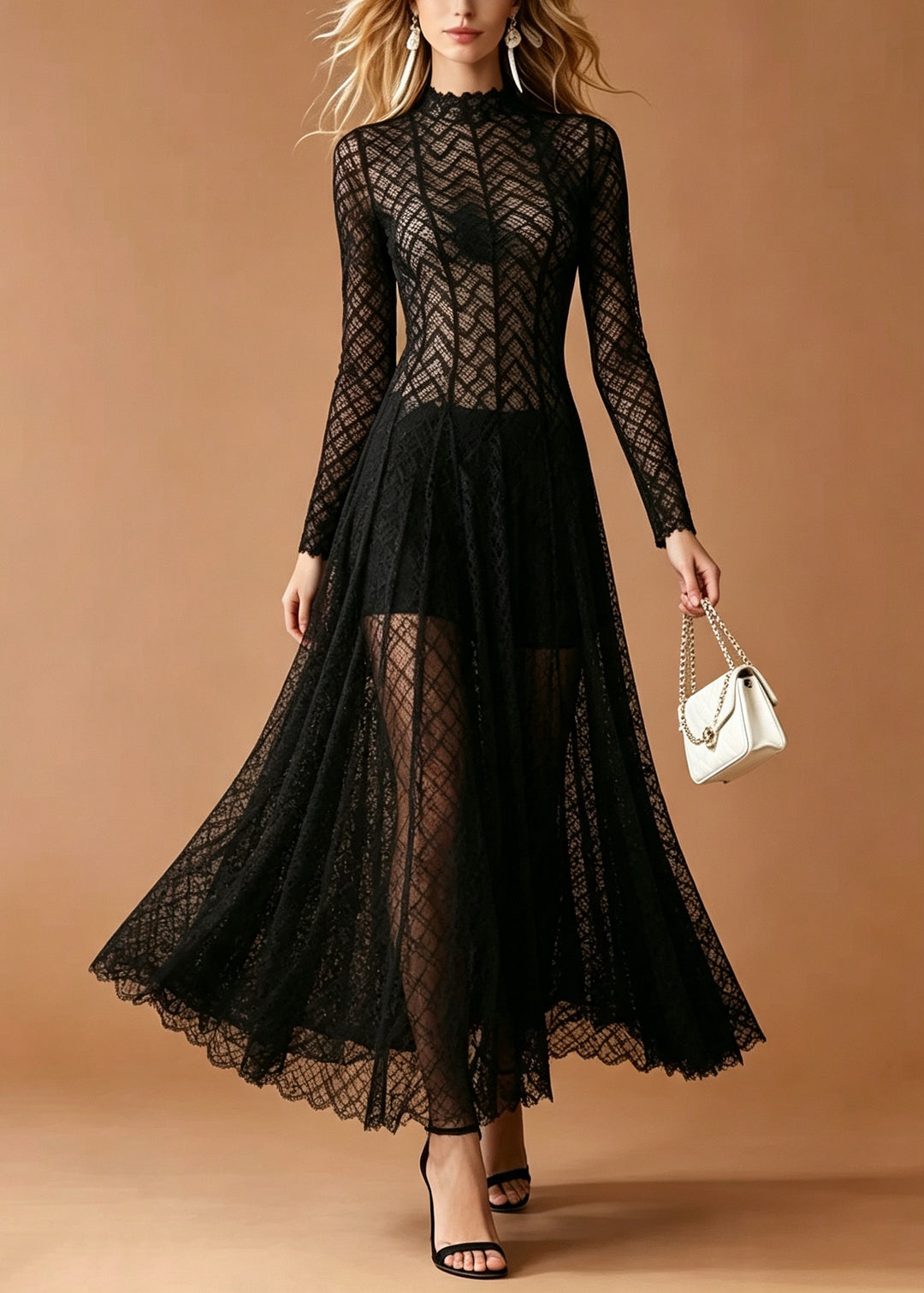 Black Silm Fit Lace Maxi Dress Hollow Out Exra Large Hem Summer