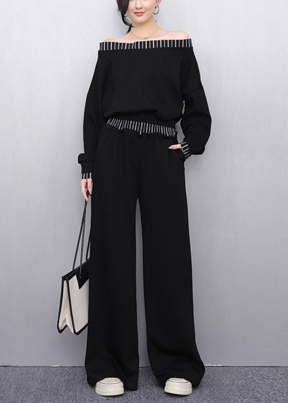 Black Slash Neck Top And Wide Leg Pants Two Pieces Set Fall