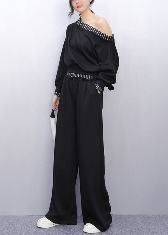 Black Slash Neck Top And Wide Leg Pants Two Pieces Set Fall